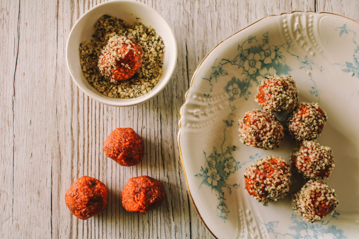 Carrot Cake Bliss Balls on Vintage Plate