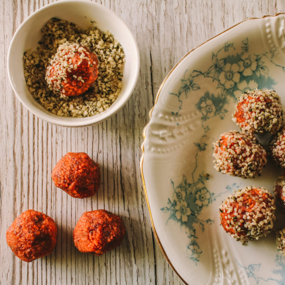 Carrot Cake Bliss Balls on Vintage Plate